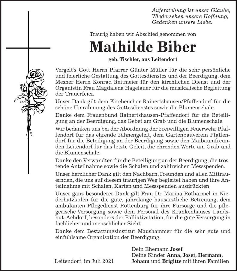 Traueranzeige Mathilde Biber