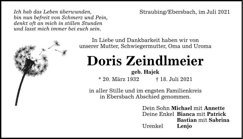 Traueranzeige Doris Zeindlmeier