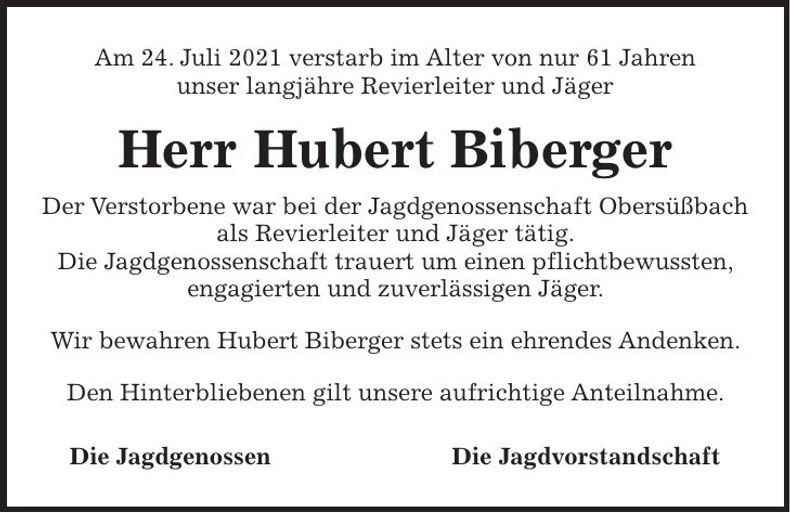 Traueranzeige Hubert Biberger