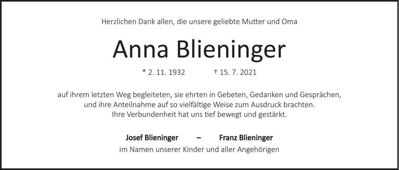 Traueranzeige Anna Blieninger