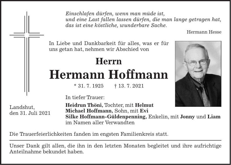 Traueranzeige Hermann Hoffmann