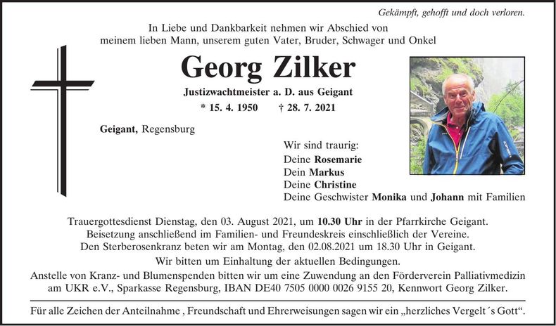 Traueranzeige Georg Zilker