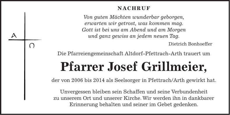 Traueranzeige Joseff Grillmeier