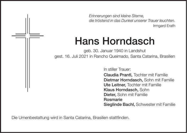 Traueranzeige Hans Horndasch