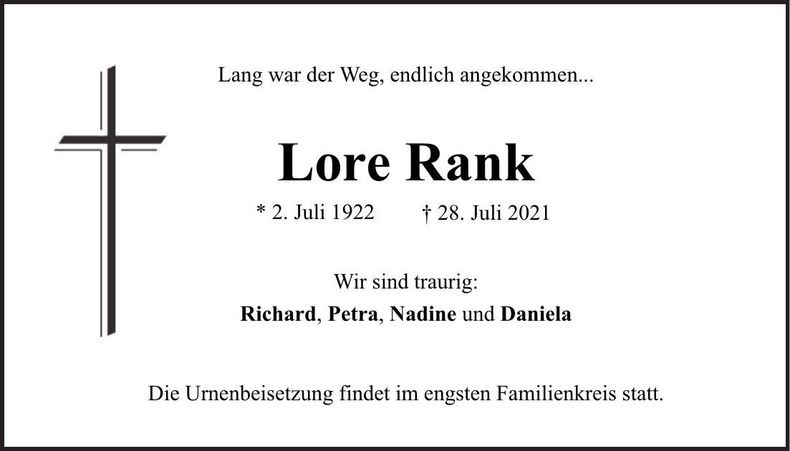 Traueranzeige Lore Rank