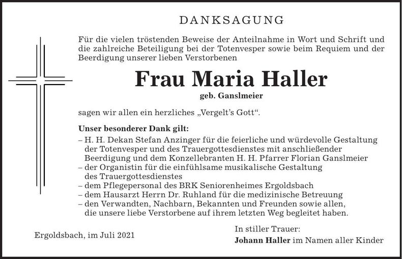 Traueranzeige Maria Haller
