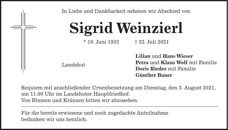 Traueranzeige Sigrid Weinzierl