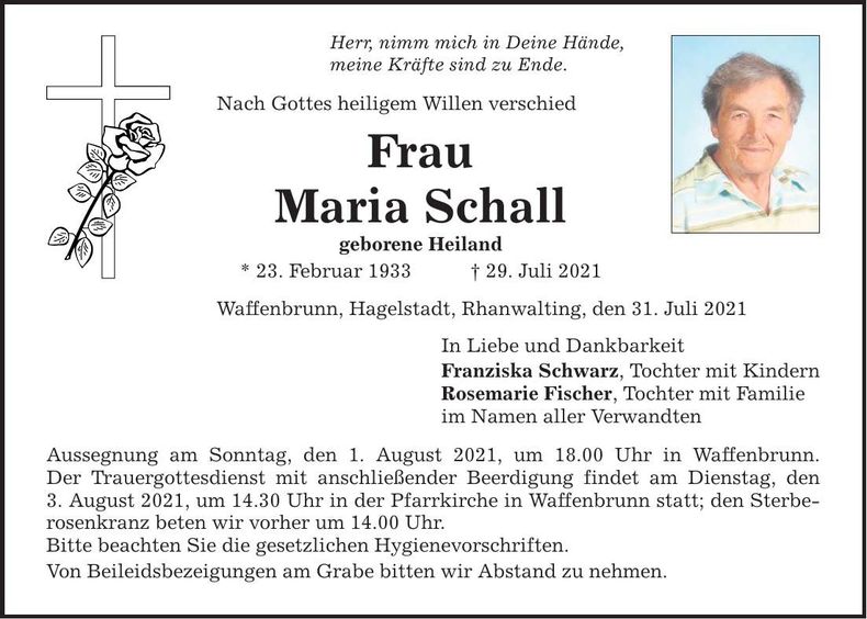 Traueranzeige Maria Schall