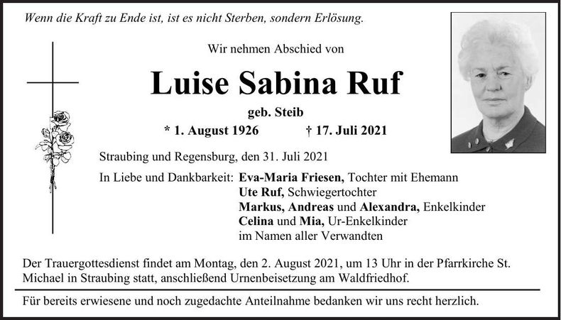 Traueranzeige Luise Ruf