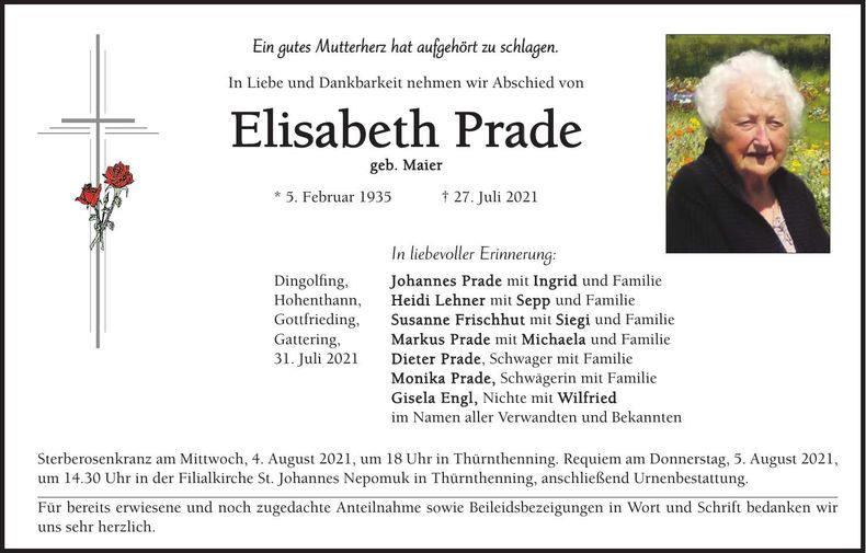 Traueranzeige Elisabeth Prade