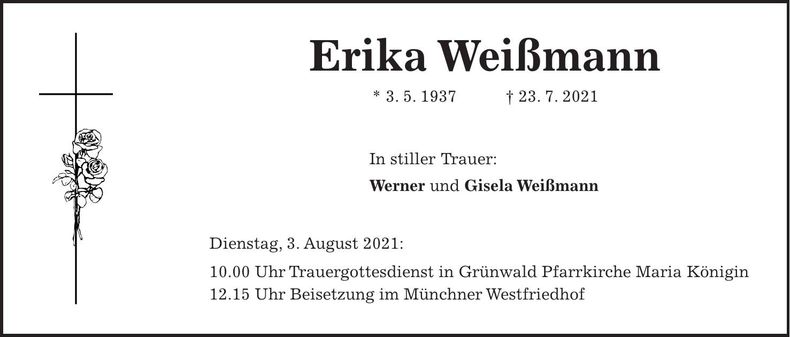 Traueranzeige Erika Weißmann