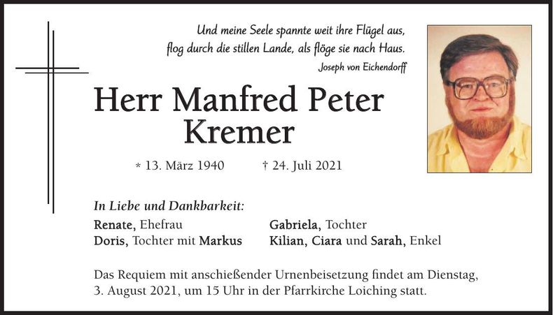 Traueranzeige Manfred Peter Kremer