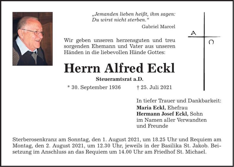 Traueranzeige Alfred Eckl