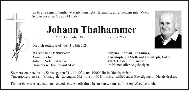 Traueranzeige Johann Thalhammer