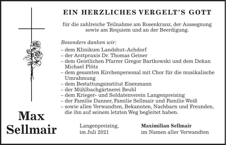 Traueranzeige Max Sellmair