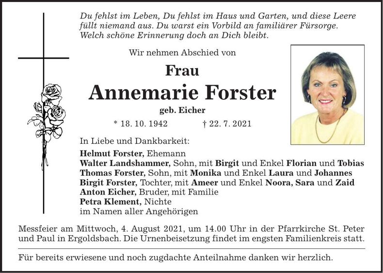 Traueranzeige Annemarie Forster