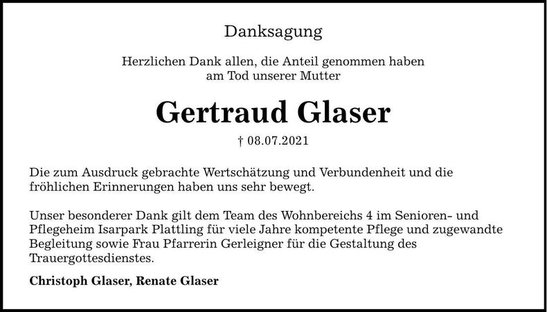 Traueranzeige Gertraud Glaser