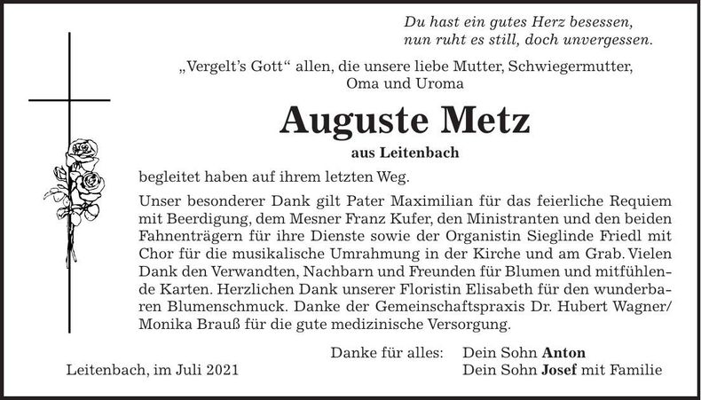Traueranzeige Auguste Metz
