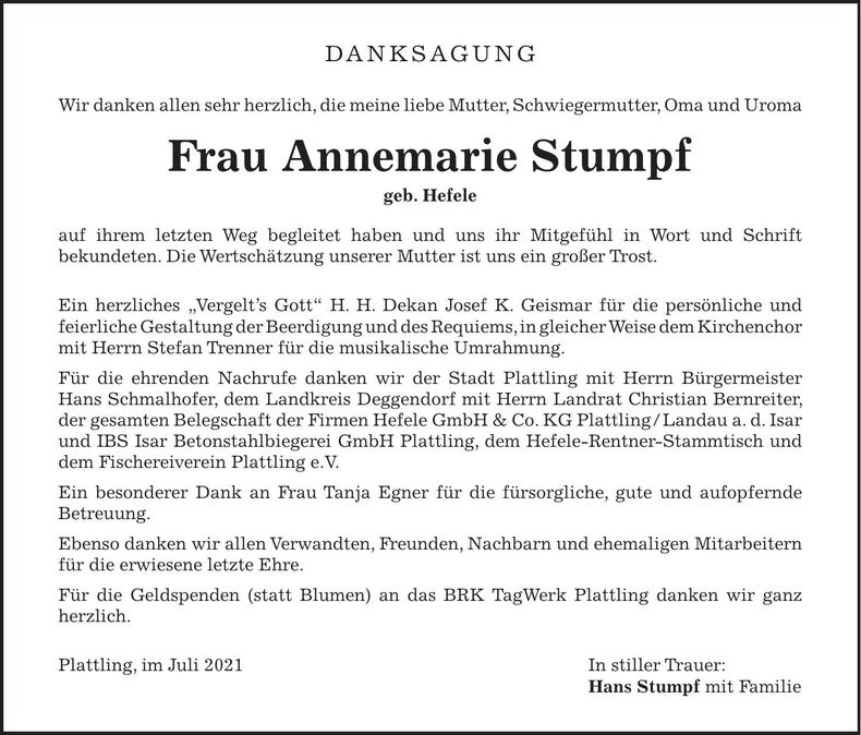 Traueranzeige Annemarie Stumpf