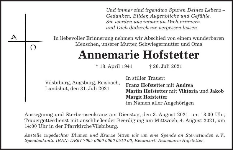 Traueranzeige Annemarie Hofstetter
