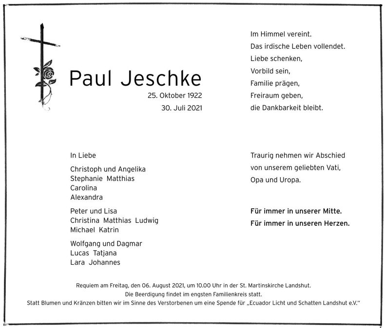Traueranzeige Paul Jeschke
