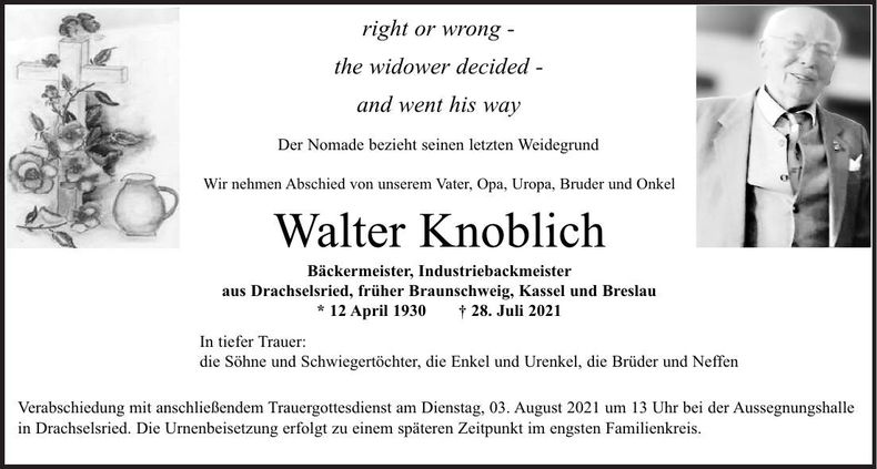 Traueranzeige Walter Knoblich