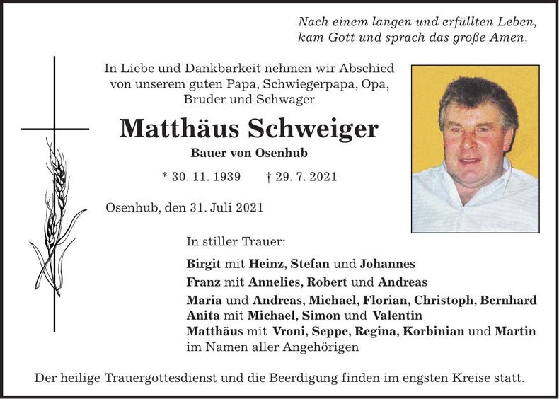 Traueranzeige Matthäus Schweiger