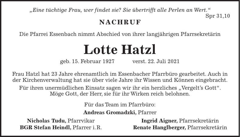 Traueranzeige Lotte Hatzl