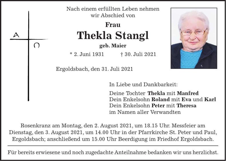 Traueranzeige Thekla Stangl
