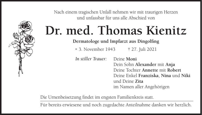 Traueranzeige Dr. med. Thomas Kienitz