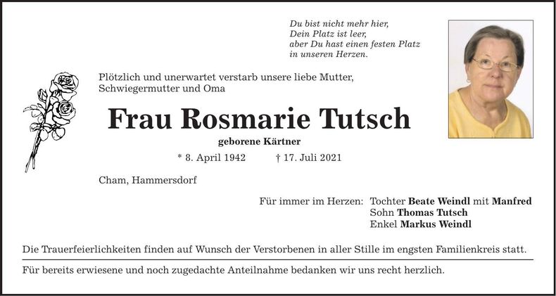Traueranzeige Rosmarie Tutsch