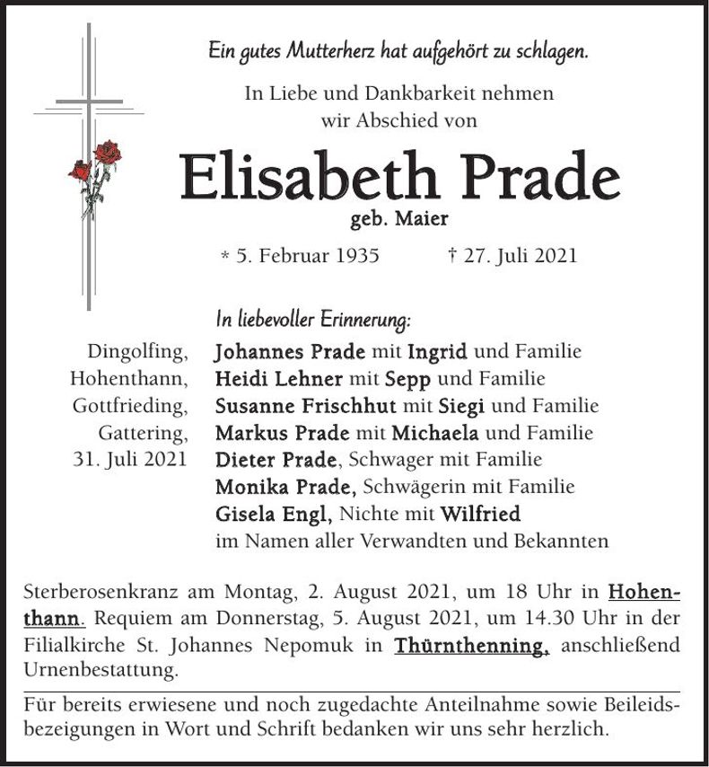 Traueranzeige Elisabeth Prade