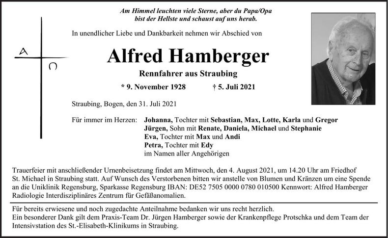 Traueranzeige Alfred Hamberger