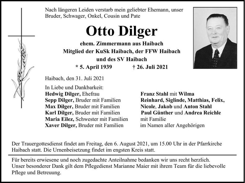 Traueranzeige Otto Dilger