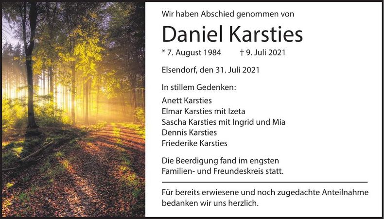 Traueranzeige Daniel Karsties