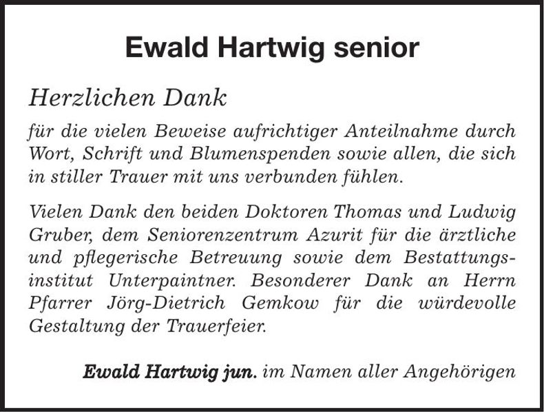 Traueranzeige Ewald Hartwig