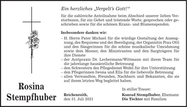 Traueranzeige Rosina Stempfhuber
