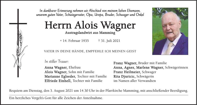 Traueranzeige Alois Wagner
