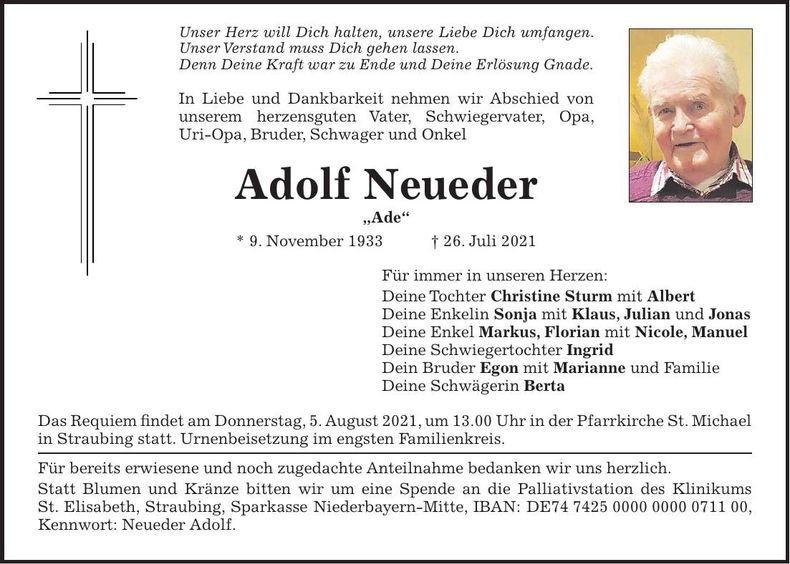 Traueranzeige Adolf Neueder