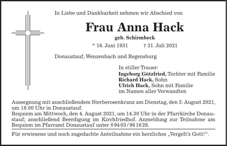 Traueranzeige Anna Hack