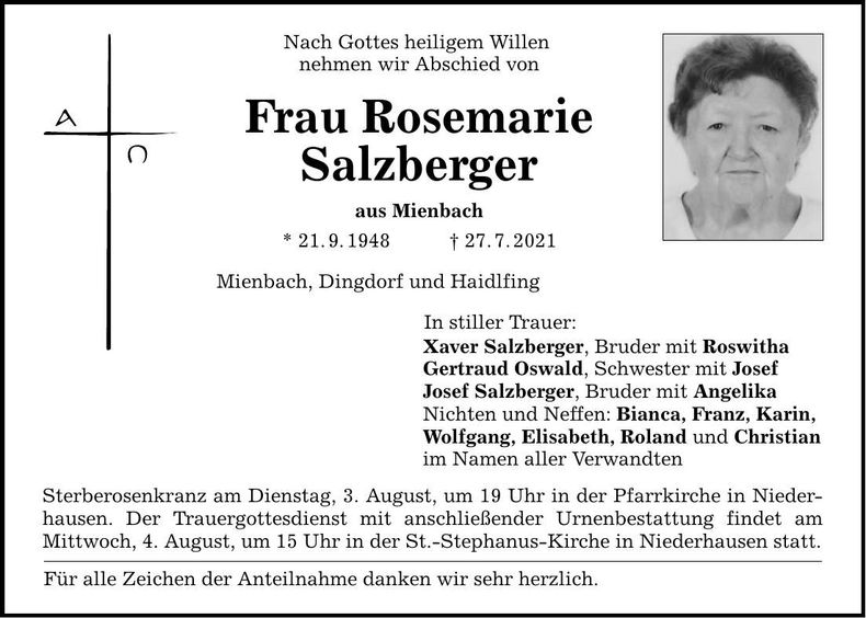 Traueranzeige Rosemarie Salzberger