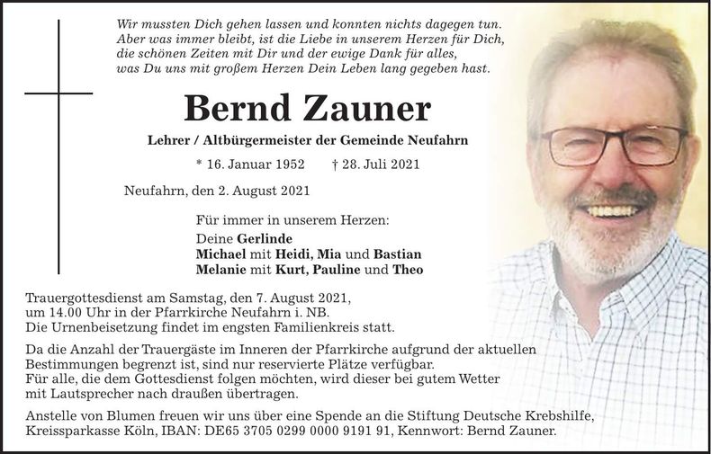 Traueranzeige Bernd Zauner