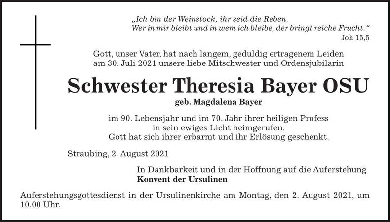 Traueranzeige Schwester Theresia Bayer OSU