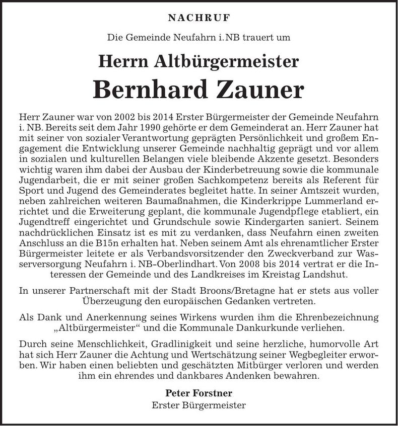 Traueranzeige Bernhard Zauner