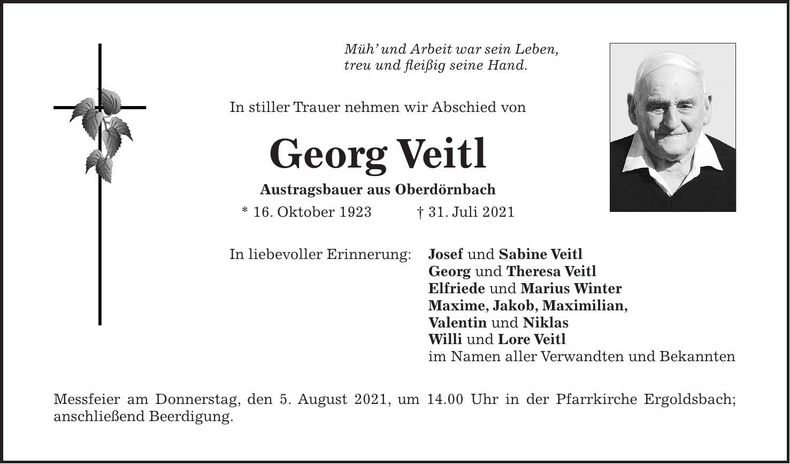 Traueranzeige Georg Veitl