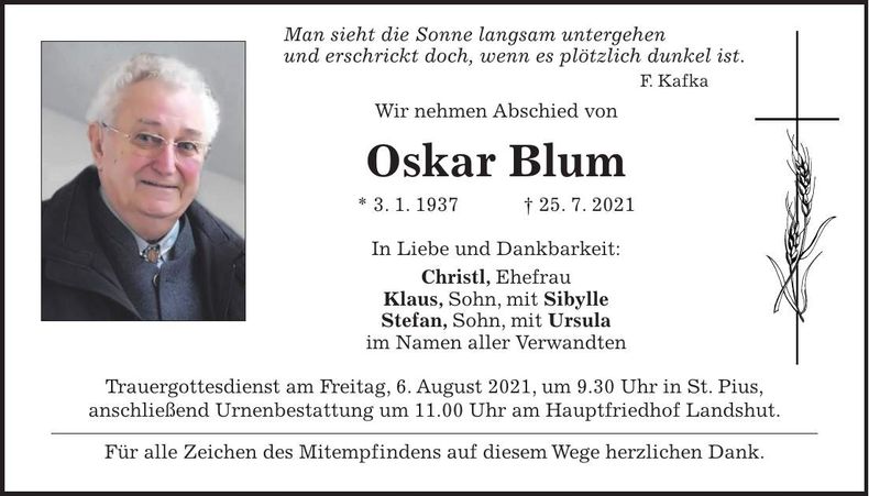 Traueranzeige Oskar Blum