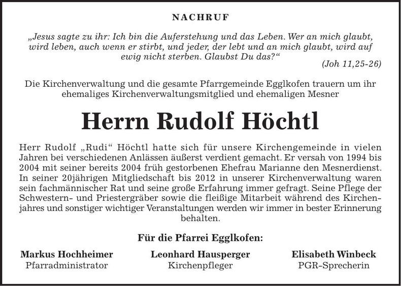 Traueranzeige Rudolf Höchtl