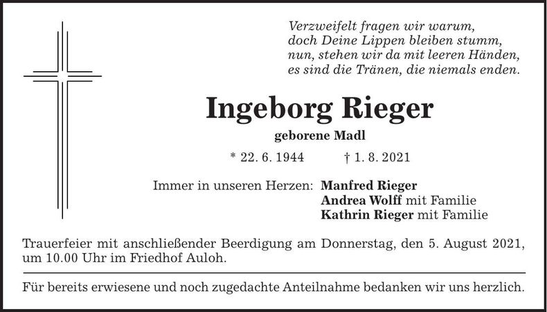 Traueranzeige Ingeborg Rieger
