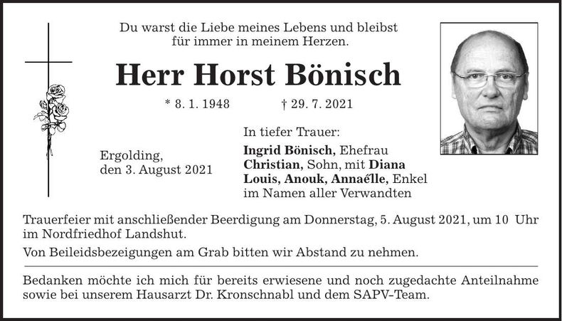 Traueranzeige Horst Bönisch