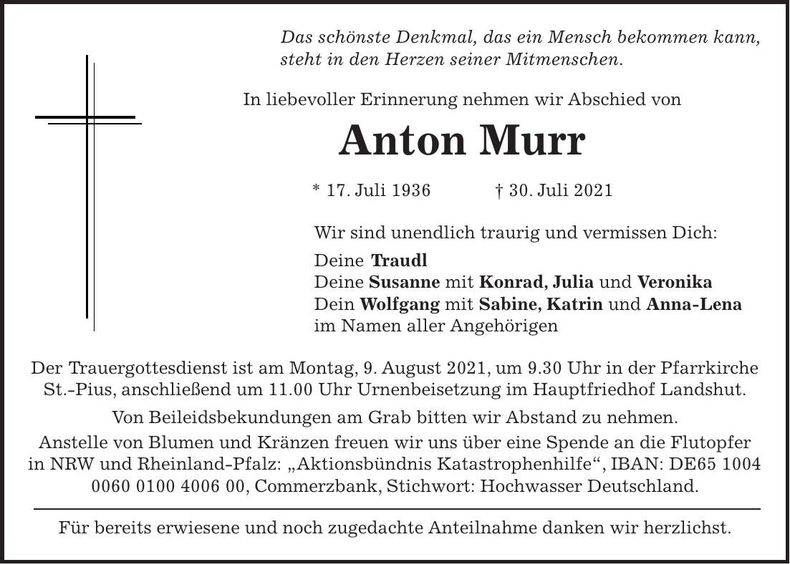 Traueranzeige Anton Murr